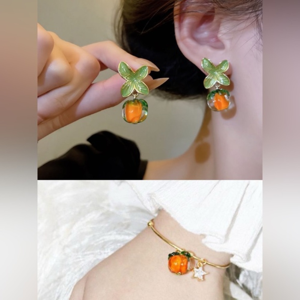 Cute Persimmon Earrings Women Retro Orange Crystal‎ Drop with bracelet set new